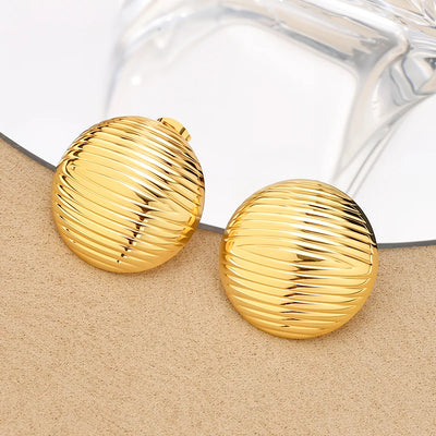Stainless Steel Gold-Plated Round Stud Earrings with Striped Texture by edenista