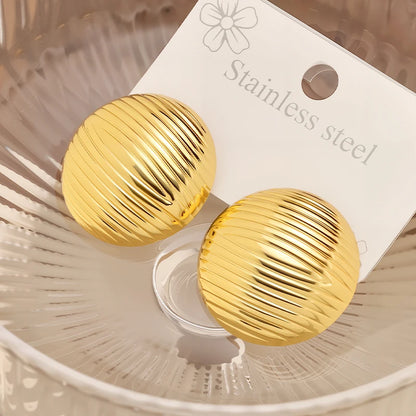 Stainless Steel Gold-Plated Round Stud Earrings with Striped Texture by edenista