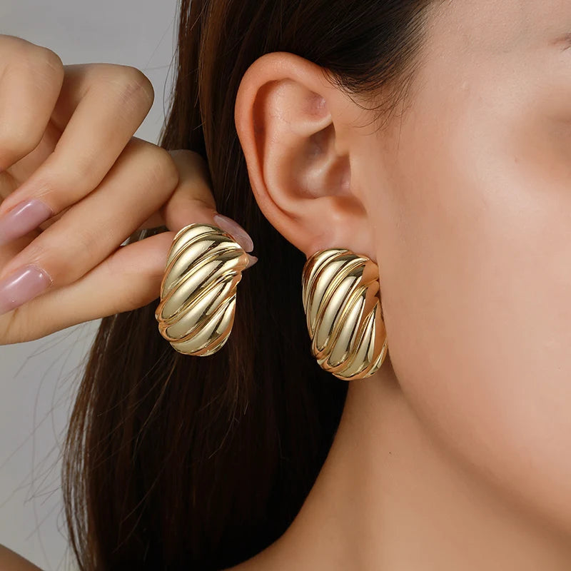Trendy Gold-Plated Stainless Steel Ripple Wave Stud Earrings for Women by edenista