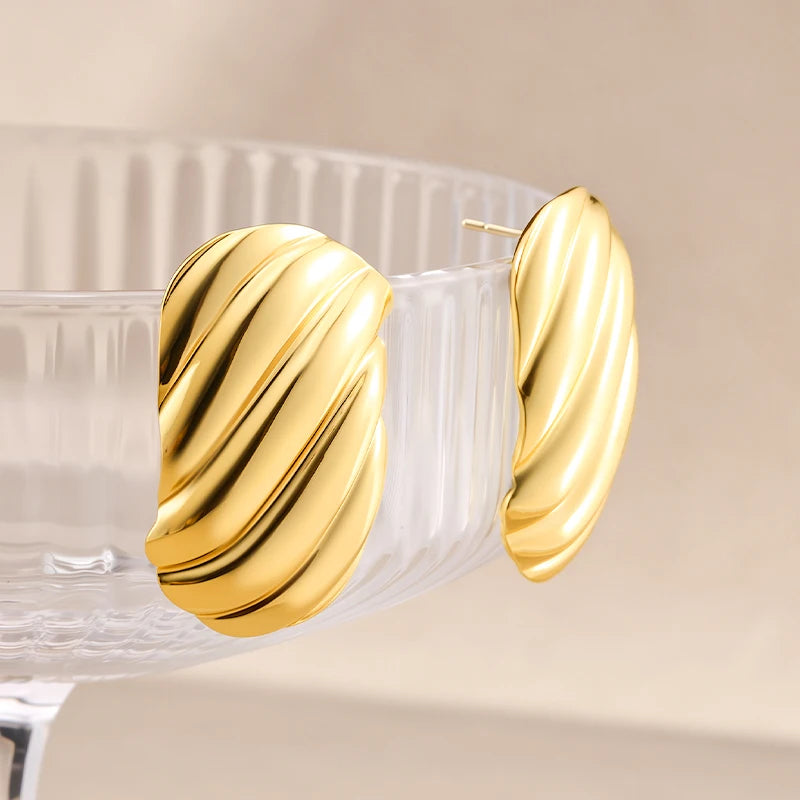 Trendy Gold-Plated Stainless Steel Ripple Wave Stud Earrings for Women by edenista