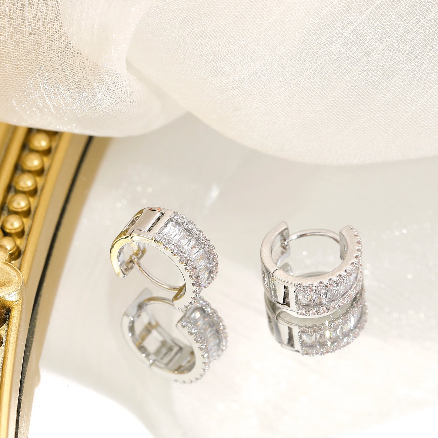 Rhinestone hoop earrings, silver-tone with pavé crystals, minimalist luxury pair