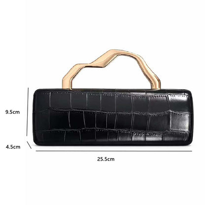 Black crocodile-pattern PU evening clutch with gilded curved handle; 25.5 cm long.