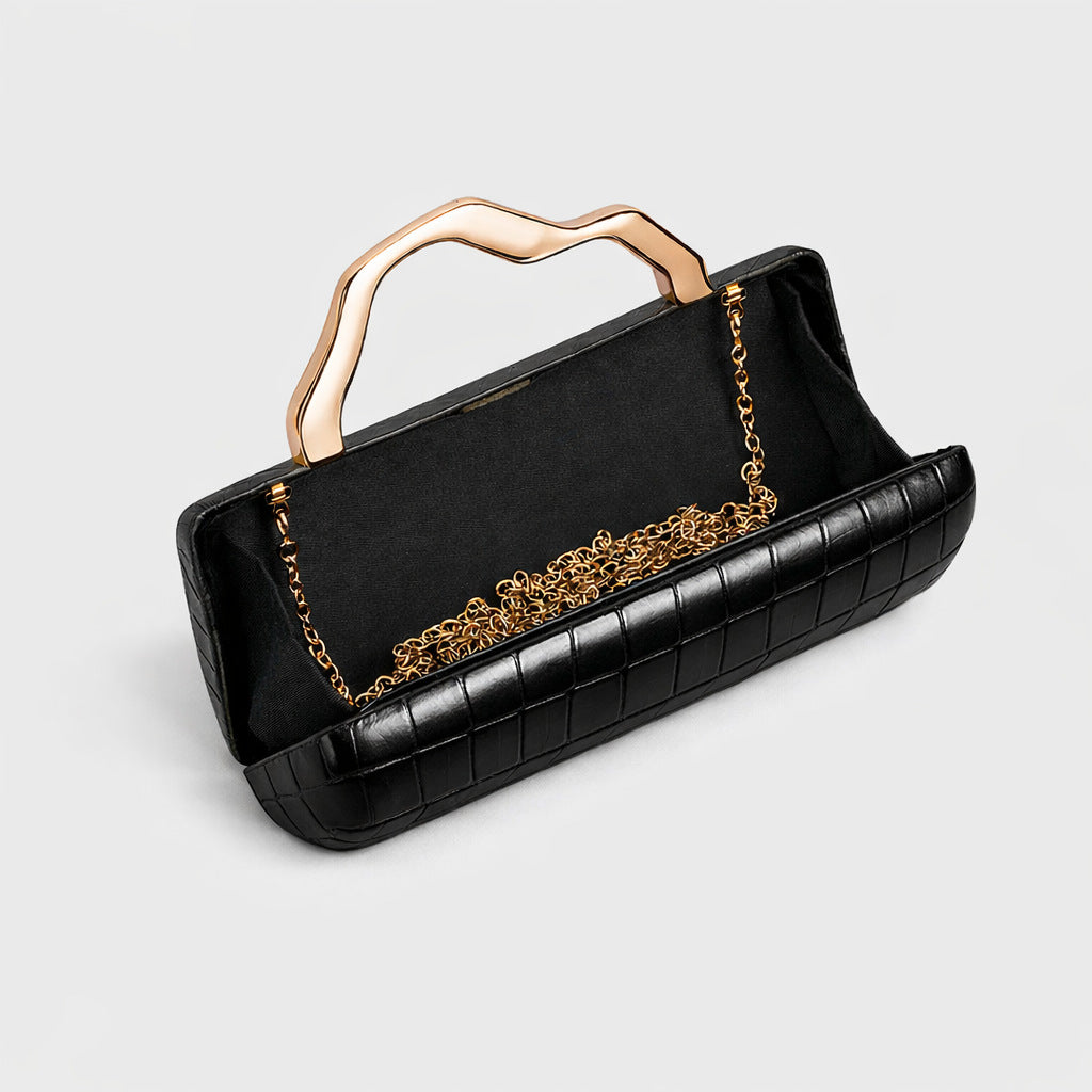 Black crocodile-pattern PU evening clutch with gilded curved handle and gold chain