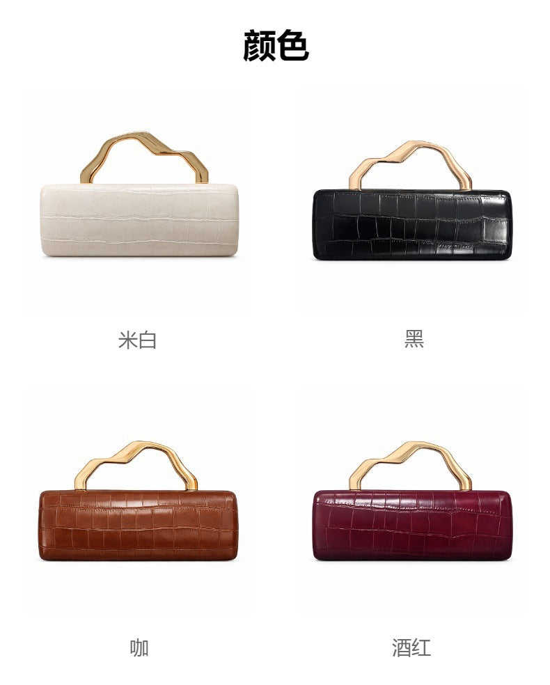 Crocodile-pattern PU evening clutch with gilded handle; 4-color set (burgundy, cream, black, brown)