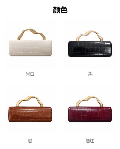 Crocodile-pattern PU evening clutch with gilded handle; 4-color set (burgundy, cream, black, brown)