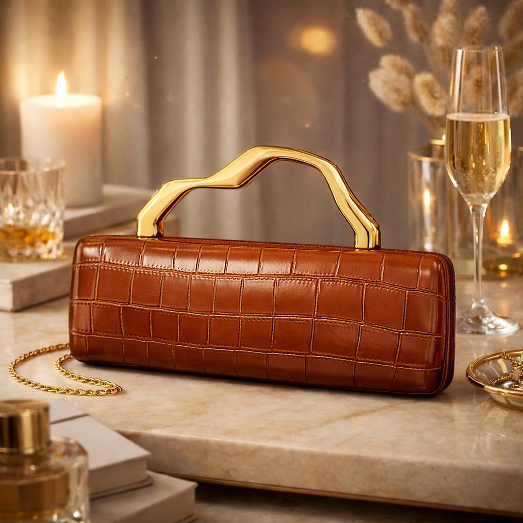 Edenista burgundy crocodile-pattern PU evening clutch with a gold-toned curved handle