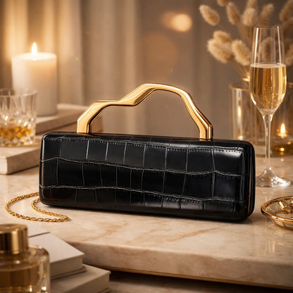 Luxury burgundy crocodile-pattern PU evening clutch by Edenista with gilded curved handle.