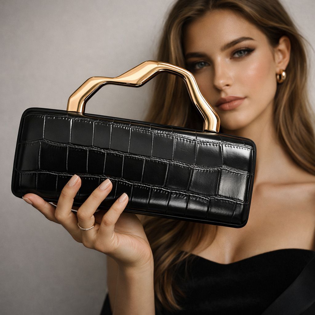 Evening clutch with crocodile-pattern black PU and gilded shaped handle.