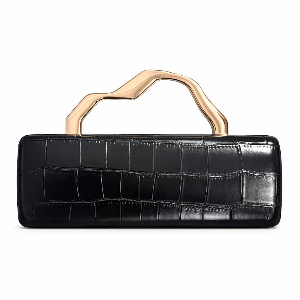 Edenista black crocodile-pattern PU evening clutch with gilded curved handle