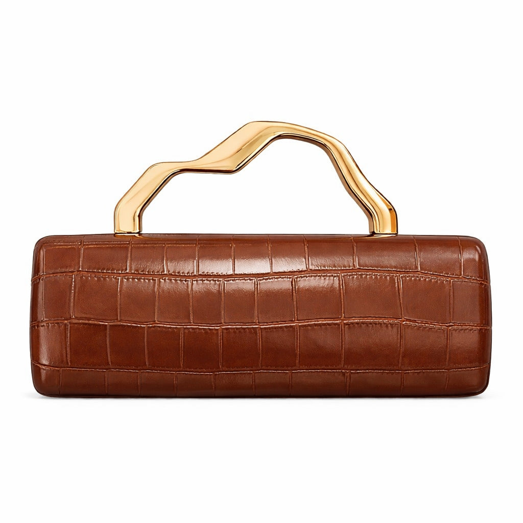 Evening clutch in burgundy crocodile-pattern PU with a gilded curved handle