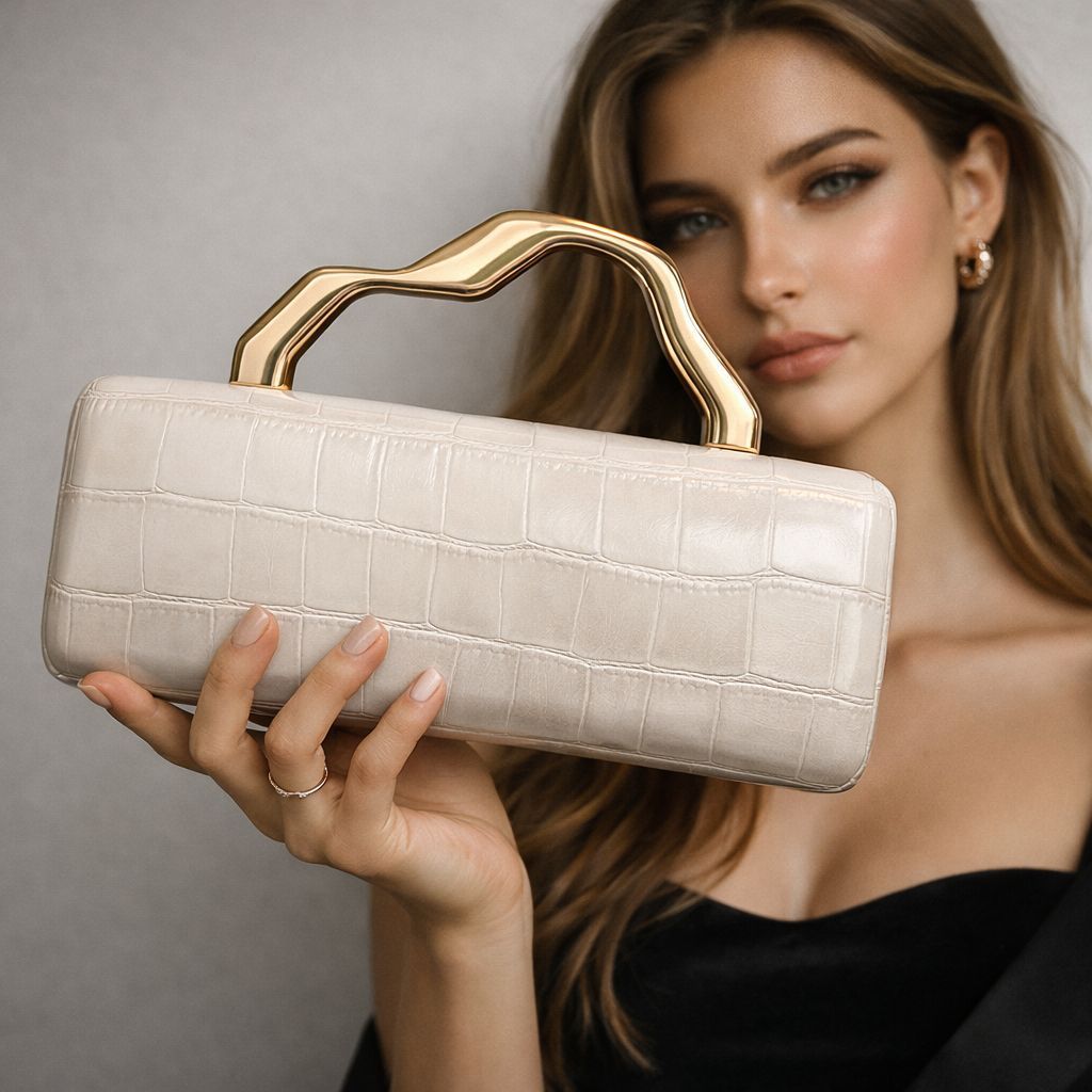 Beige crocodile-pattern PU evening clutch with a gold-toned sculpted handle for ladies' party handbag