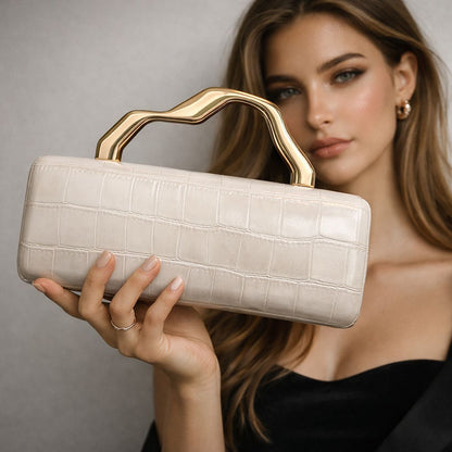 Beige crocodile-pattern PU evening clutch with a gold-toned sculpted handle for ladies' party handbag