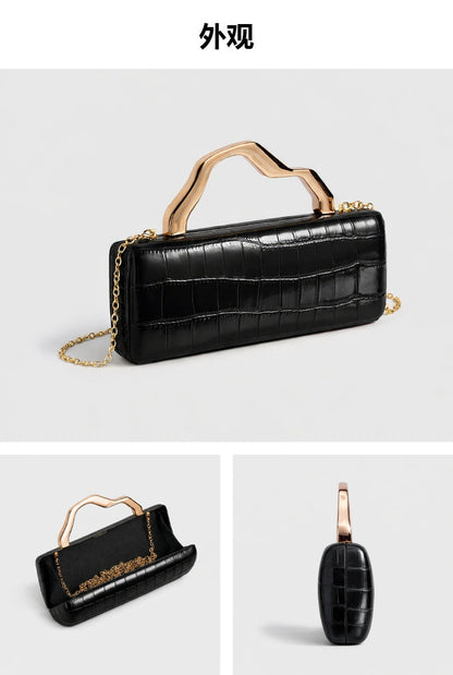 Edenista black crocodile-pattern PU evening clutch with gilded curved handle and gold chain