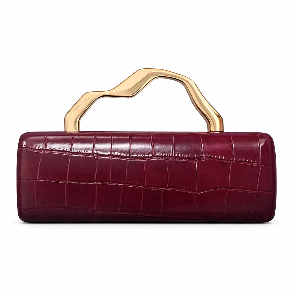 Edenista burgundy crocodile-pattern PU evening clutch with gilded curved handle