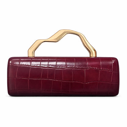 Edenista burgundy crocodile-pattern PU evening clutch with gilded curved handle