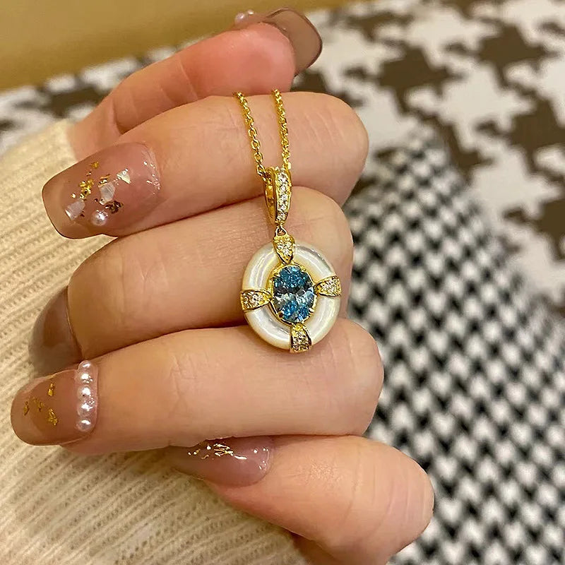 Classic blue jewelry sets dreamy aquamarine gem White Fritillaria Ring necklace by edenista