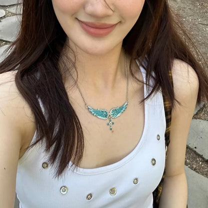 Angel Wings Cross Pendant Necklace – Crystal Rhinestone