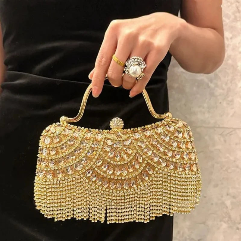 Diamond Evening Clutch Bag gold-toned with rhinestone embellishments and beaded fringe, Edenista