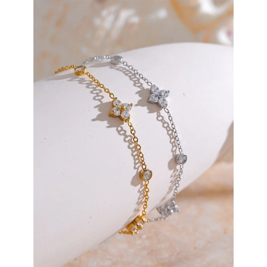 Cubic Zirconia Flower Chain Thin Bracelet – PVD Gold Plated