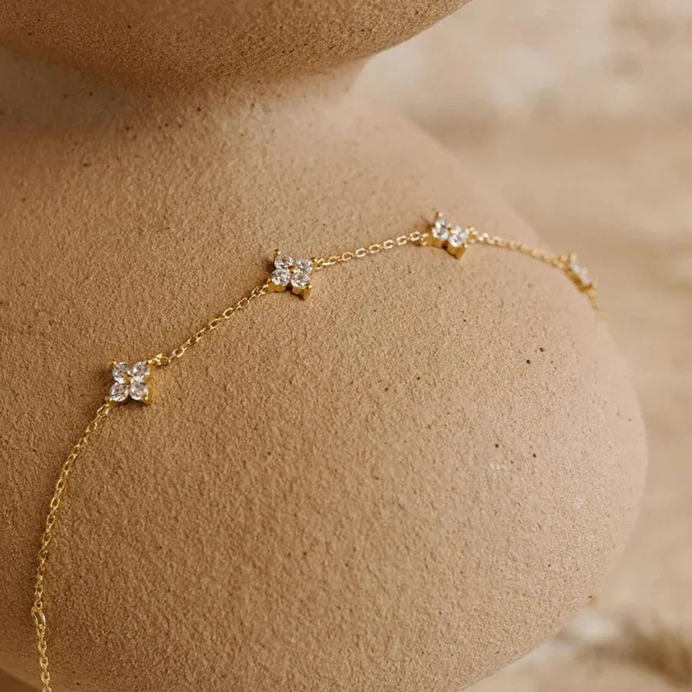 18K Gold Plated Zircon Four Leaf Collar Chain Necklace for Women