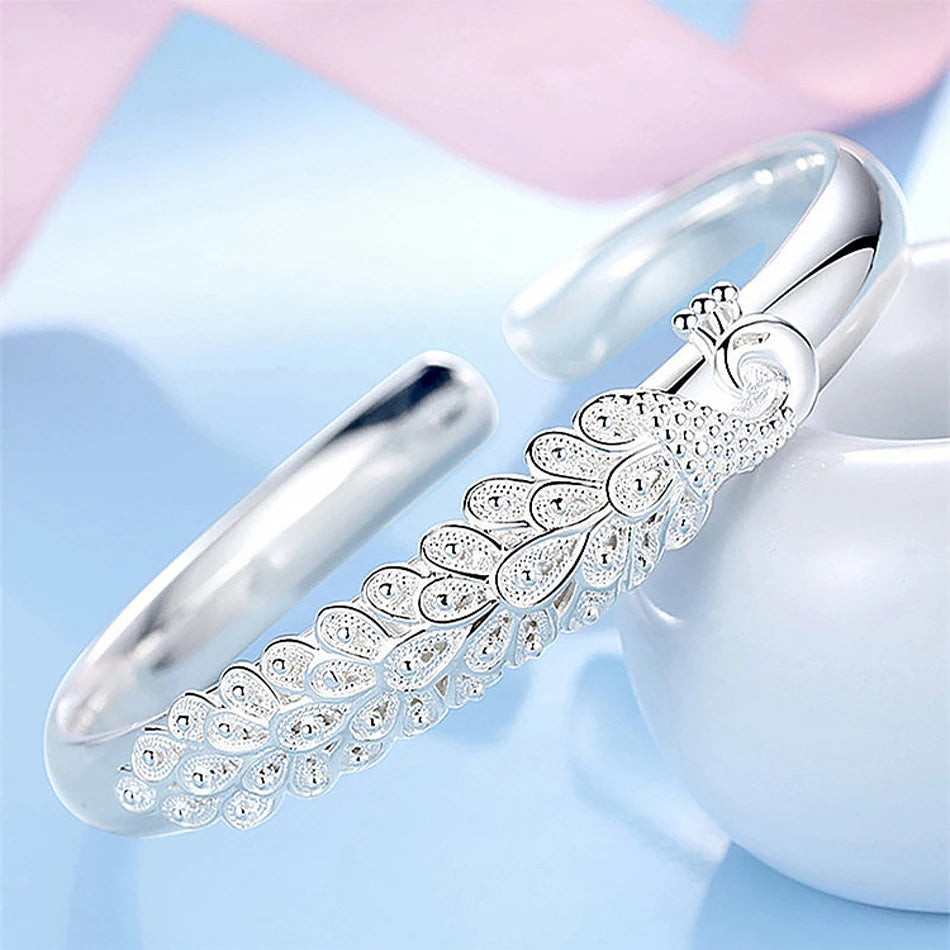 925 Sterling Silver Peacock Bangle Bracelet for Women