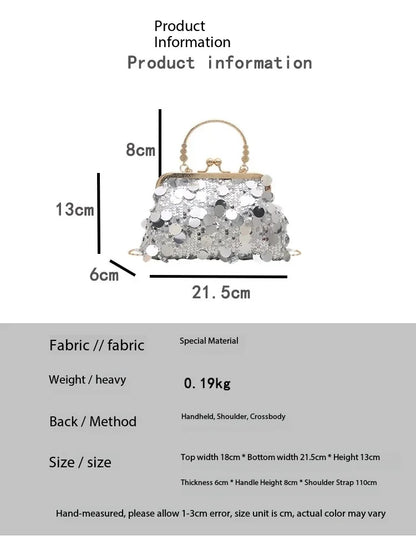 Elegant silver sequined evening shoulder bag with gold frame and chain handle