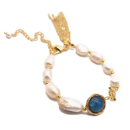 Freshwater Baroque Pearl Bracelet for Women Blue Crystal Beads Retro 18k Gold Plated by edenista