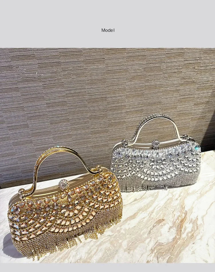 Diamond evening clutch bags by Edenista, gold and silver rhinestone with tassel fringe