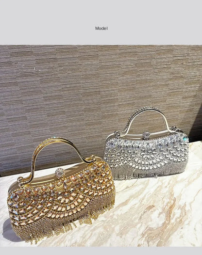 Diamond evening clutch bags by Edenista, gold and silver rhinestone with tassel fringe