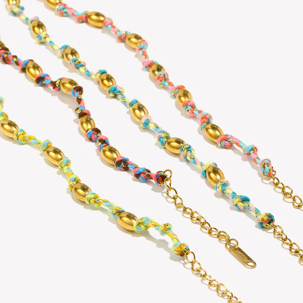 Mixed Colour Rope & Beads Bracelet – 18K Gold Plated