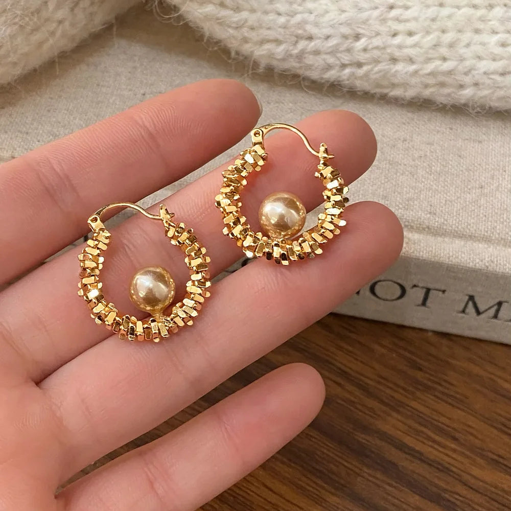 Edenista gold-plated imitation pearl zircon hoop earrings, circular beaded hoops with a central pearl, pair