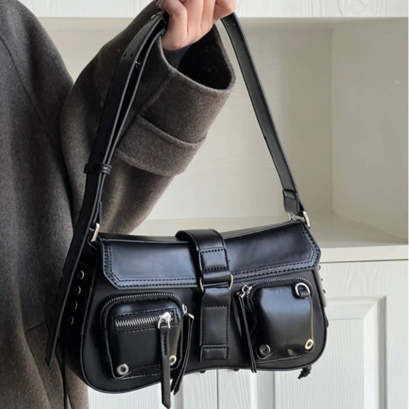 Multi-Pocket Rivet Shoulder Bag for Women – PU Leather