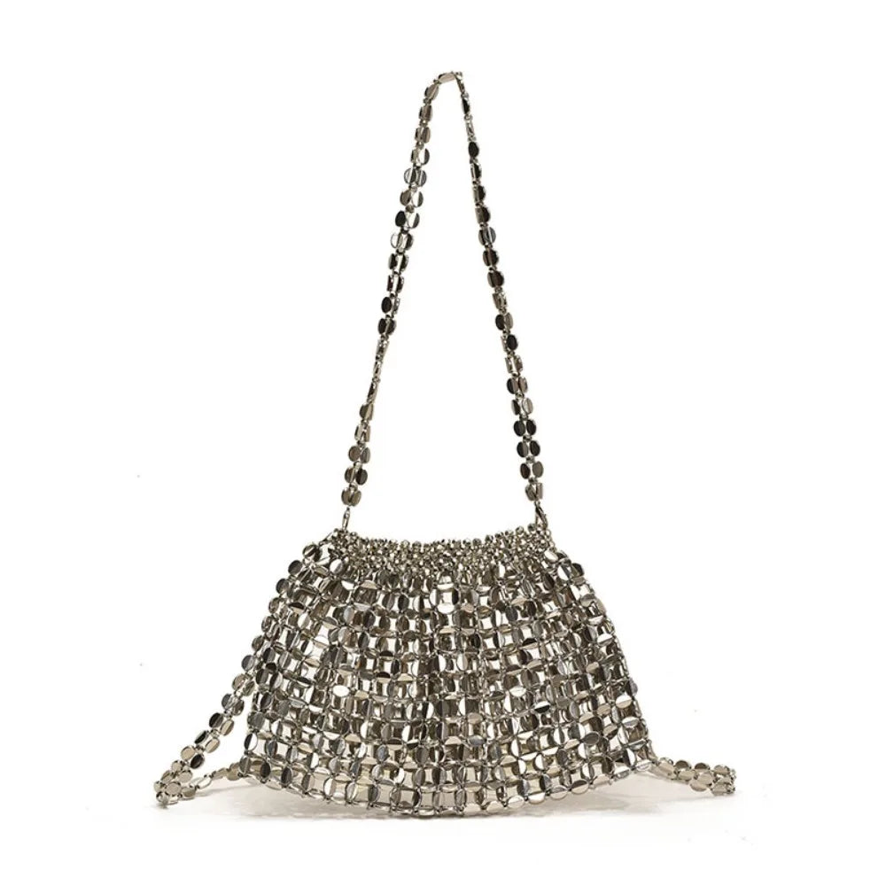 Evening bag by Edenista in silver metallic mesh with long chain strap
