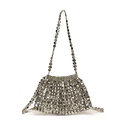 Evening bag by Edenista in silver metallic mesh with long chain strap