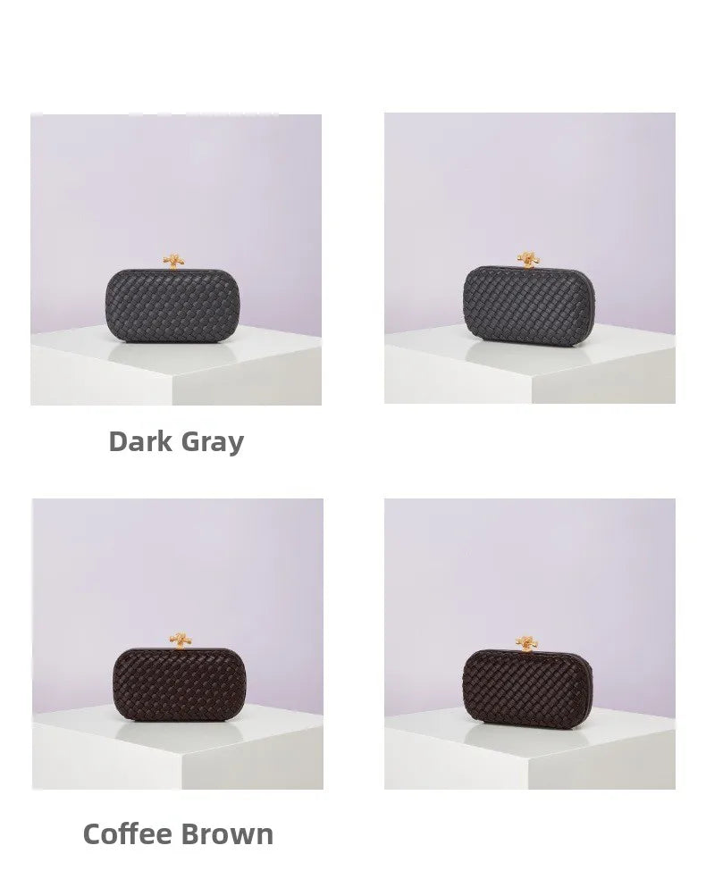 Crossbody woven PU evening bag with gold clasp by Edenista; dark gray and coffee brown, 4-view gallery.