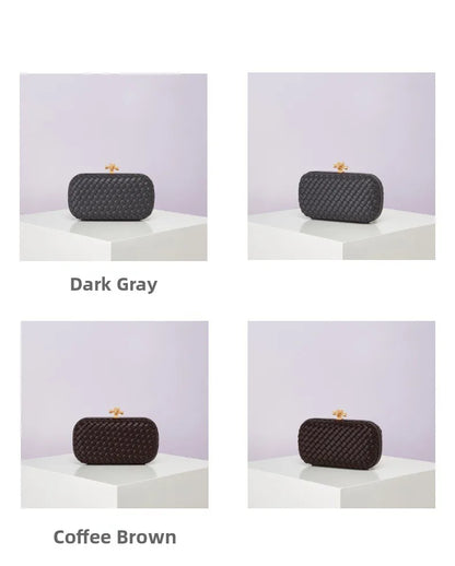 Crossbody woven PU evening bag with gold clasp by Edenista; dark gray and coffee brown, 4-view gallery.