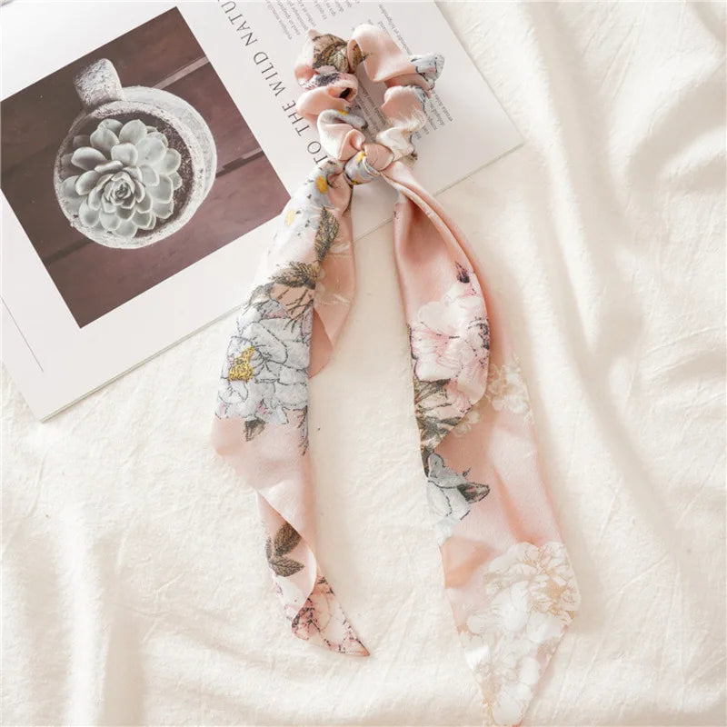 Flower Bow Satin Hair Ribbon Scrunchies – Vintage Ponytail Hairbands for Women