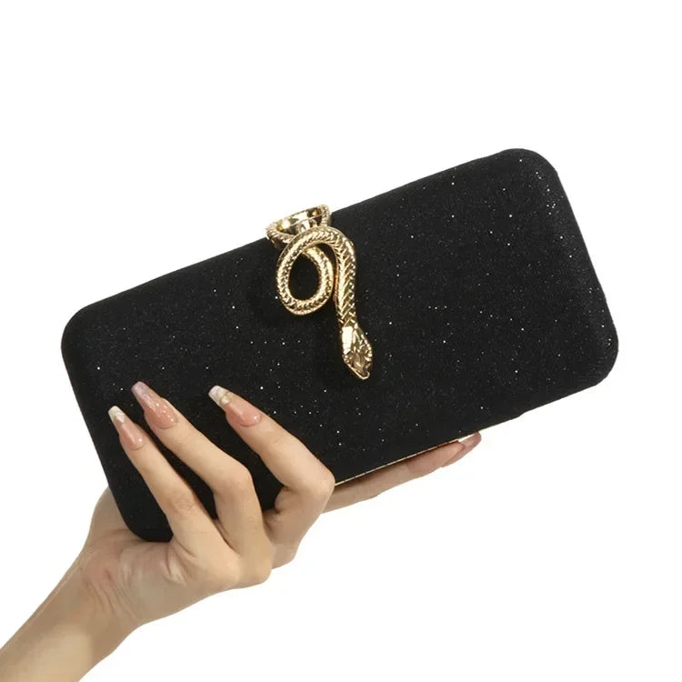 Classic Snake Buckle Evening Purse Edenista; black sparkling clutch with gold snake charm