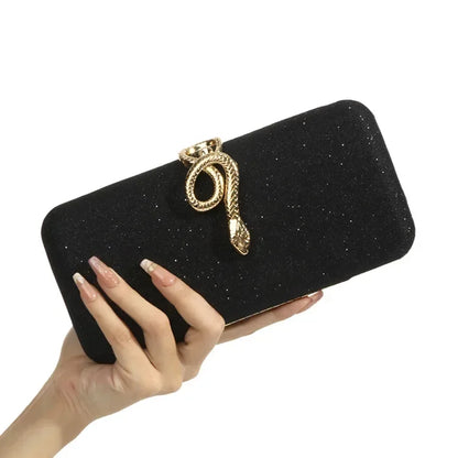 Classic Snake Buckle Evening Purse Edenista; black sparkling clutch with gold snake charm