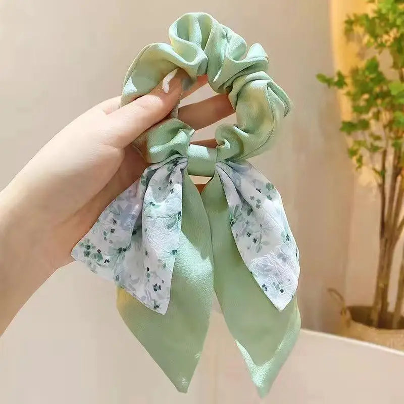 Floral Bow Large Scrunchie Hair Tie – Elastic Rubber Band for Women