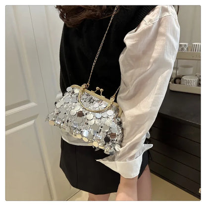 Elegant sequined evening shoulder bag by Edenista, silver mirrored discs with gold-tone chain strap