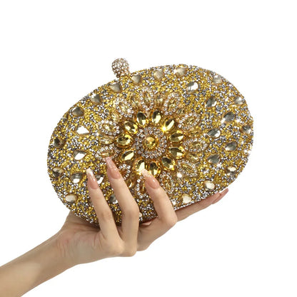 Evening clutch bag by Edenista, gold-tone crystal-embellished handbag