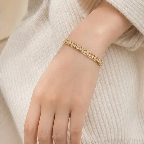 Bracelet, gold-tone double-chain with diamonds for women, versatile hand jewelry