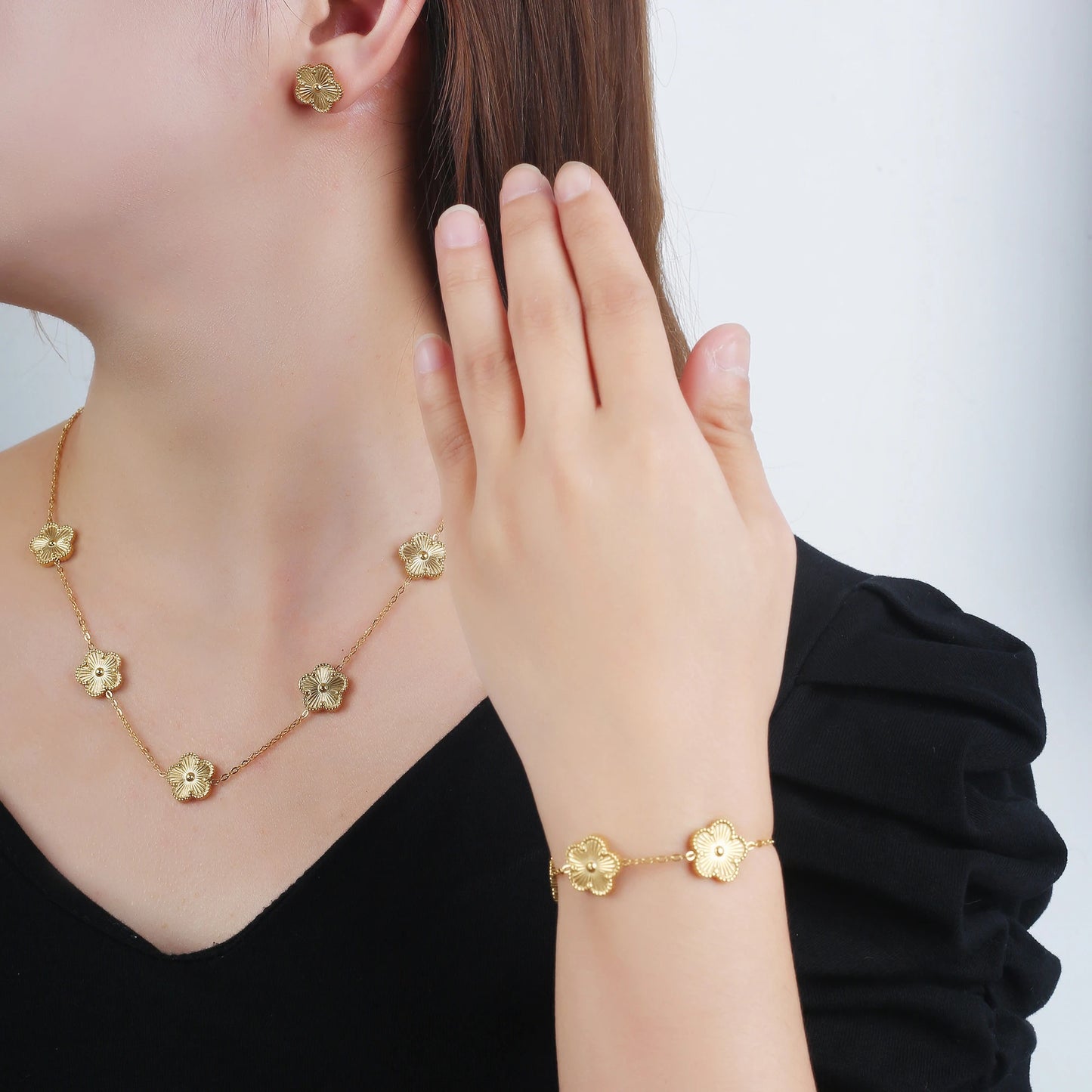 Stainless Steel Five Leaf Flower Jewelry Set