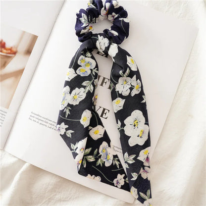 Flower Bow Satin Hair Ribbon Scrunchies – Vintage Ponytail Hairbands for Women