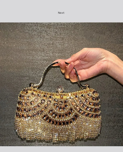 Diamond evening clutch bag by Edenista, gold-toned with rhinestone embellishments and fringe tassel