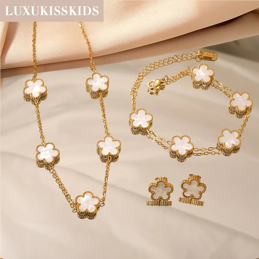 Stainless Steel Flower Clover Jewelry Set