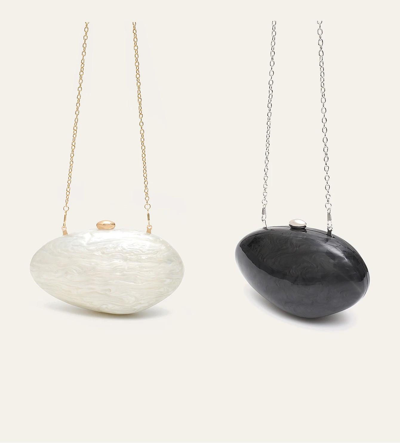 Shell-shaped acrylic clutch with long chain, white and black pair