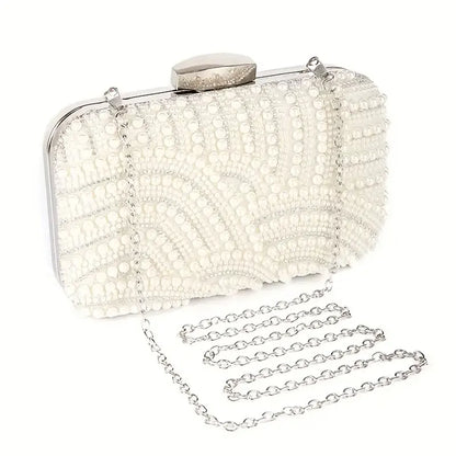Ladies pearl beaded evening clutch bag by Edenista with long silver chain strap