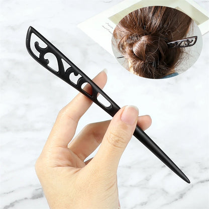Hair stick black Chinese ethnic-style with ornamental cutouts for bun hairstyles